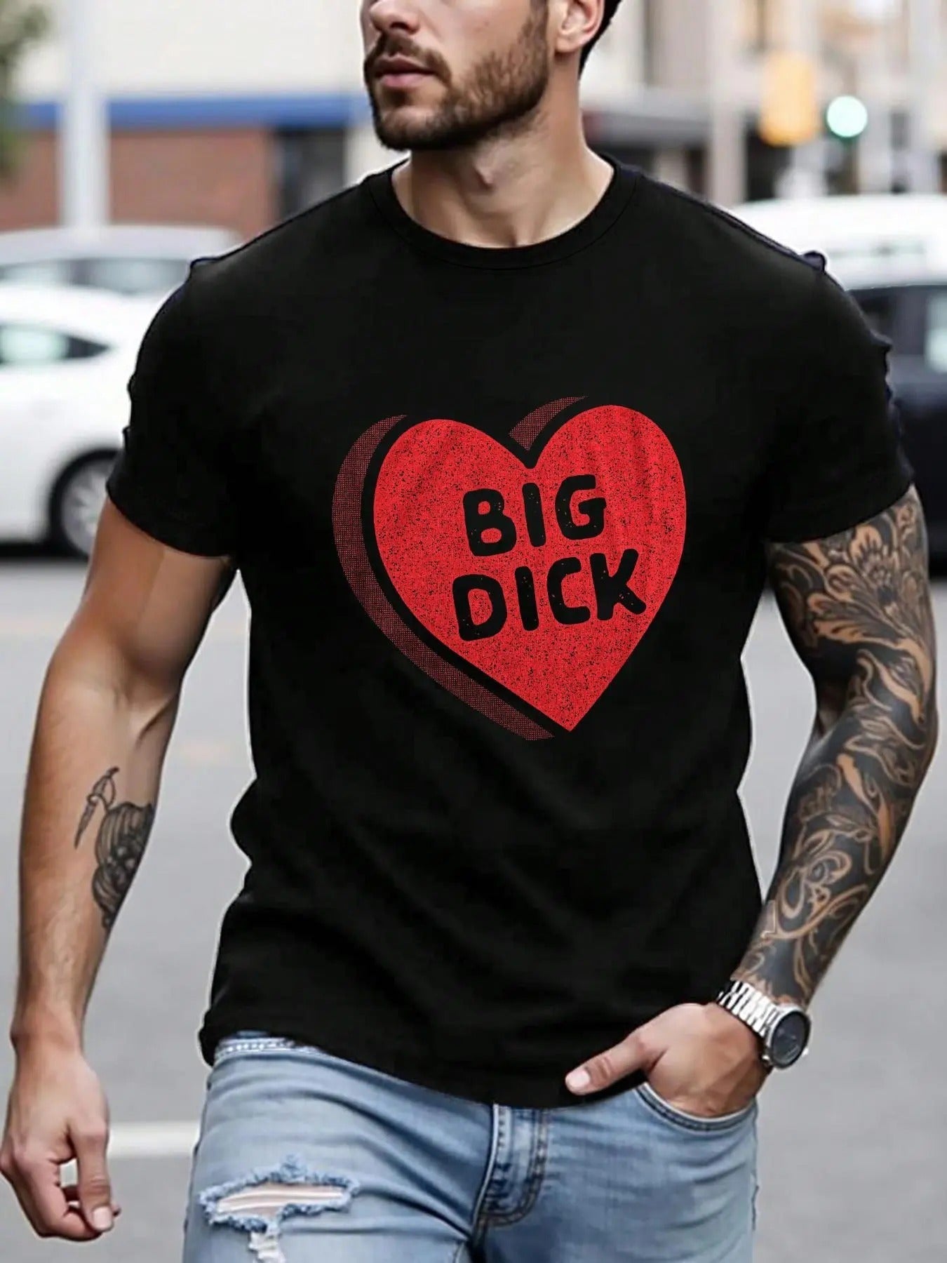 Men's Heart & Letter Print Round Neck Tee, Regular Fit Casual Short Sleeve Crew Neck T-shirt for Daily Wear, Men's Top...