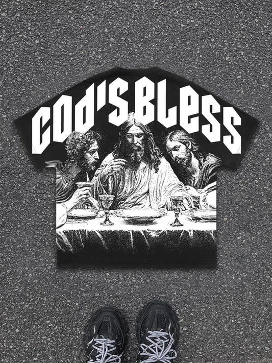 Men's Jesus Print Round Neck Graphic Tee, Regular Fit Casual Short Sleeve T-shirt for Summer, Men's Top for Daily Wear, Socks