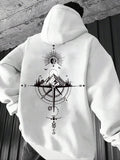 Men's Mountain & Compass Print Drawstring Hoodie, Fashion Casual Regular Fit Pocket Long Sleeve Hooded Sweatshirt, Men...