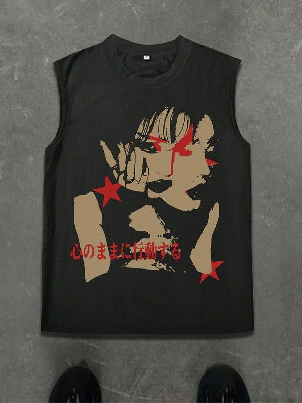 Men's Regular Fit Gothic Girl Print Round Neck Tank Top, Casual Street Fashion Crew Neck Sleeveless Top for Daily Wear,...
