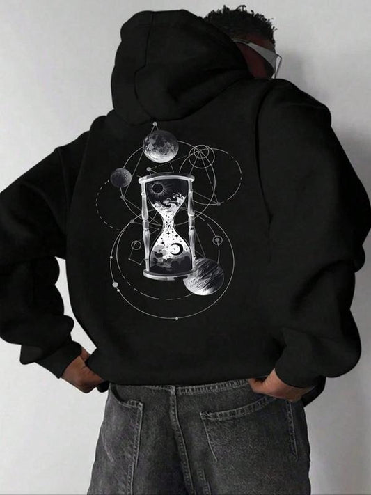 Men's Sandglass & Planet Print Drop Shoulder Thermal Lined Hoodie, Fashion Casual Regular Fit Drawstring Pocket Hooded Sweatshirt for Daily Holiday Outdoor Wear, Men Clothes for Fall & Winter