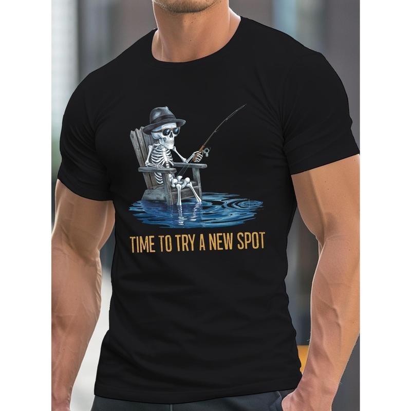 Men's Skeleton Fishing Graphic Tee - Casual Crew Neck, Short Sleeve, Lightweight & Comfy Summer T-Shirt Made in USA...