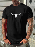 Men's Solid Color Bull Head Print Round Neck Tee, Regular Fit Casual Short Sleeve Crew Neck T-shirt for Daily Wear,...