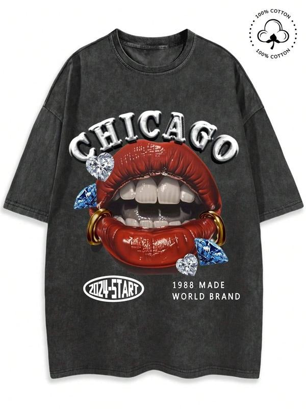 Men's Vintage Chicago Graphic Print Round Neck Tee, Casual Fashion Short Sleeve T-shirt for Summer, Men's Top for Daily...