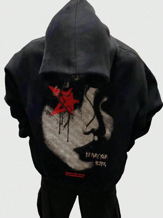 Men's Vintage Face Print Drop Shoulder Hoodie, Fashion Casual Regular Fit Drawstring Hooded Sweatshirt for Daily Holiday Outdoor Wear, Men Clothes for Fall & Winter