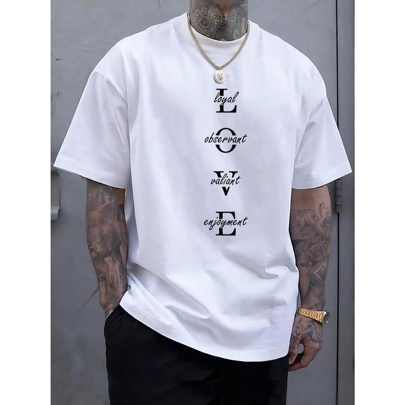 Men's Vintage-Inspired Fashion T-Shirt with Geometric Lettering, Knit Blend, Regular Fit, Crew Neck, Short Sleeve,...