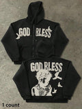 Men's Zip-Up Hoodie Sweatshirt, Black, Casual Vintage American Style, "God Bless" Slogan & Praying Hand Print, Retro...