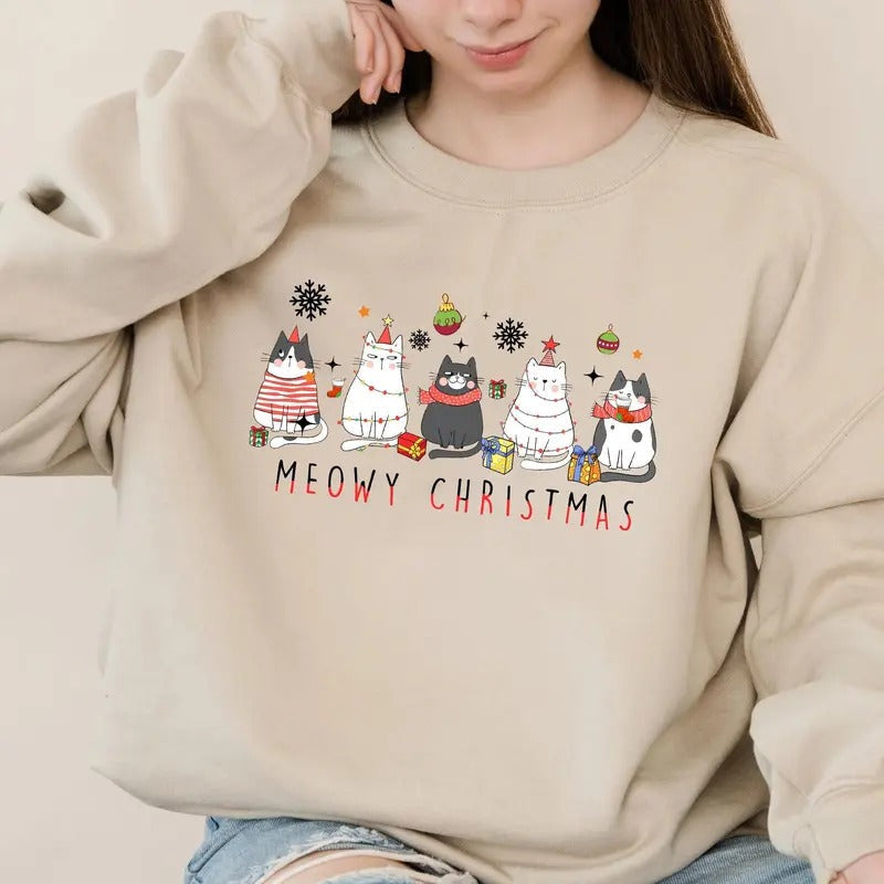 Meowy Christmas Vibes Unisex T-Shirt - Medium-Heavy Fabric, Loose Fit - Pullover Hoodie, Sweatshirt | PureTeeCo.com