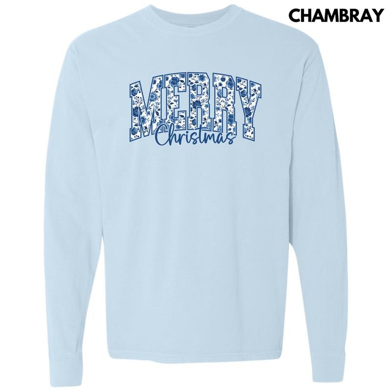 Merry Blue Floral Christmas Long Sleeve Comfort Colors T-Shirt 'NLB' Hoodie, Sweatshirt | PureTeeCo.com
