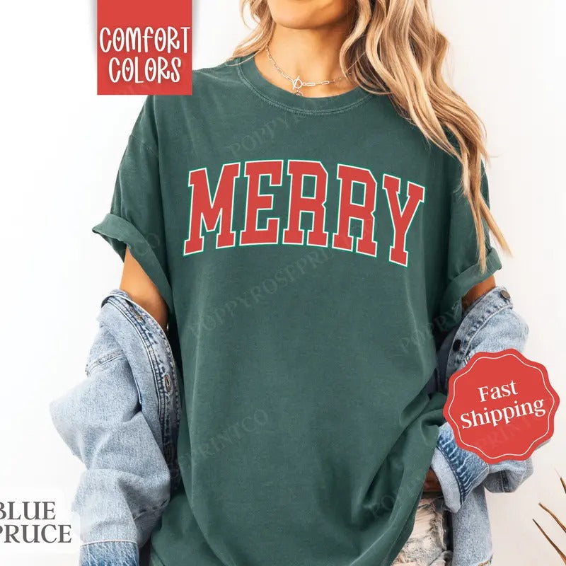 Merry Christmas Shirt Comfort Colors Holiday Tshirt,  Women's Holiday Tee Hoodie, Sweatshirt | PureTeeCo.com
