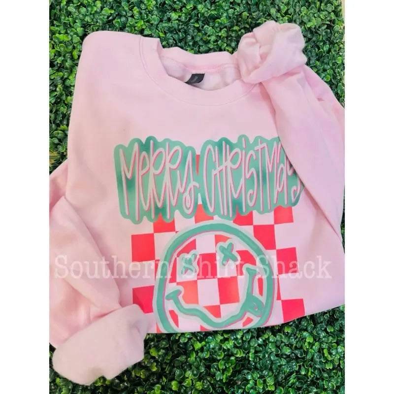 Merry Christmas Smiley | Pink Christmas Sweatshirt T-Shirts, Hoodie | PureTeeCo.com