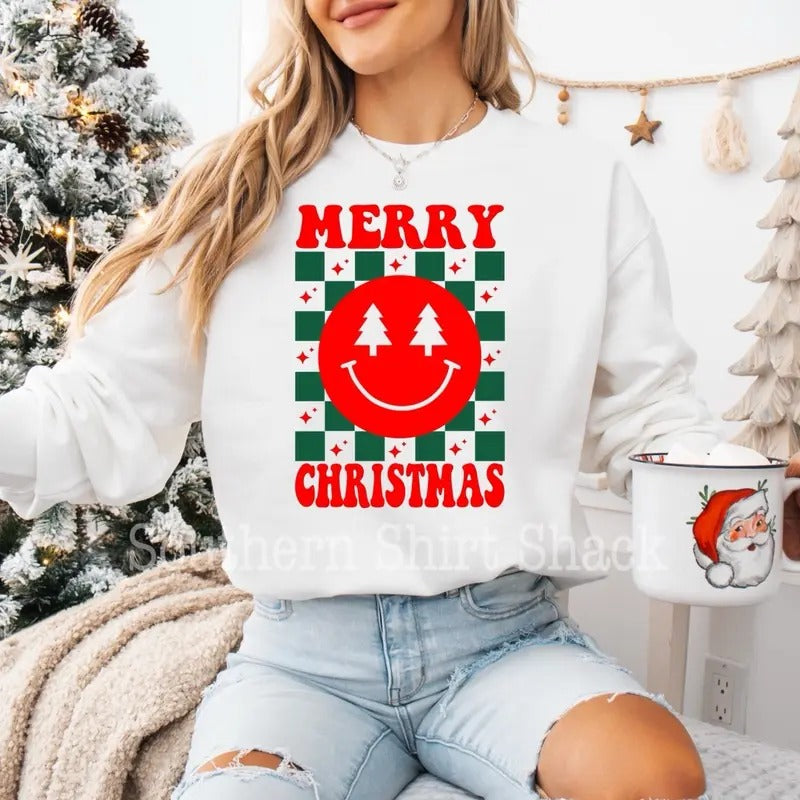 Merry Christmas Smiley Checkered Sweatshirt | Christmas Sweatshirt T-Shirts, Hoodie | PureTeeCo.com