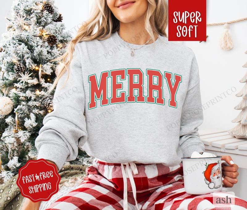Merry Christmas Sweatshirt, Christmas Sweater, Women's Holiday Crewneck T-Shirts, Hoodie | PureTeeCo.com