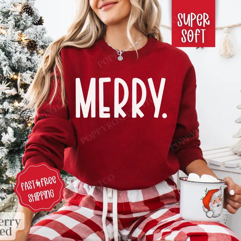 Merry Christmas Sweatshirt, Christmas Sweater, Women's Holiday Crewneckstyle{n002}2 T-Shirts, Hoodie | PureTeeCo.com