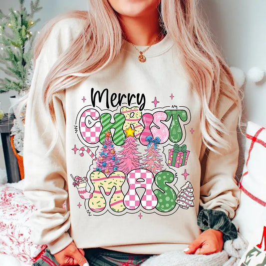 Merry Christmas Sweatshirt, Pink Christmas Shirt, Christmas Tree, Christmas Coquette, Doodle Letters, Tis the Season, Candy Cane Hot Cocoa