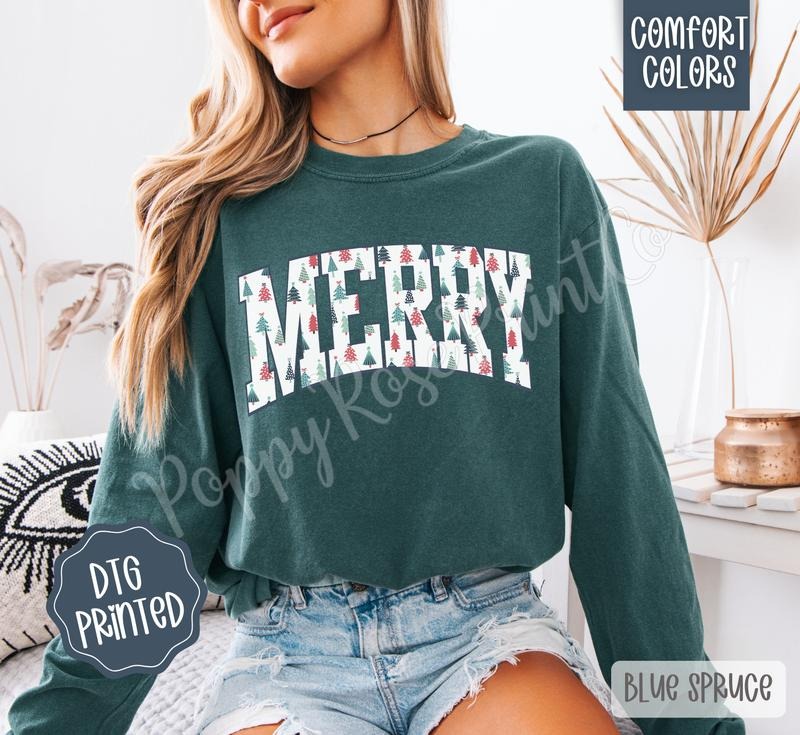 Merry Comfort Colors Long Sleeve T-Shirt, Cute Women's Christmas Tee Hoodie, Sweatshirt | PureTeeCo.com