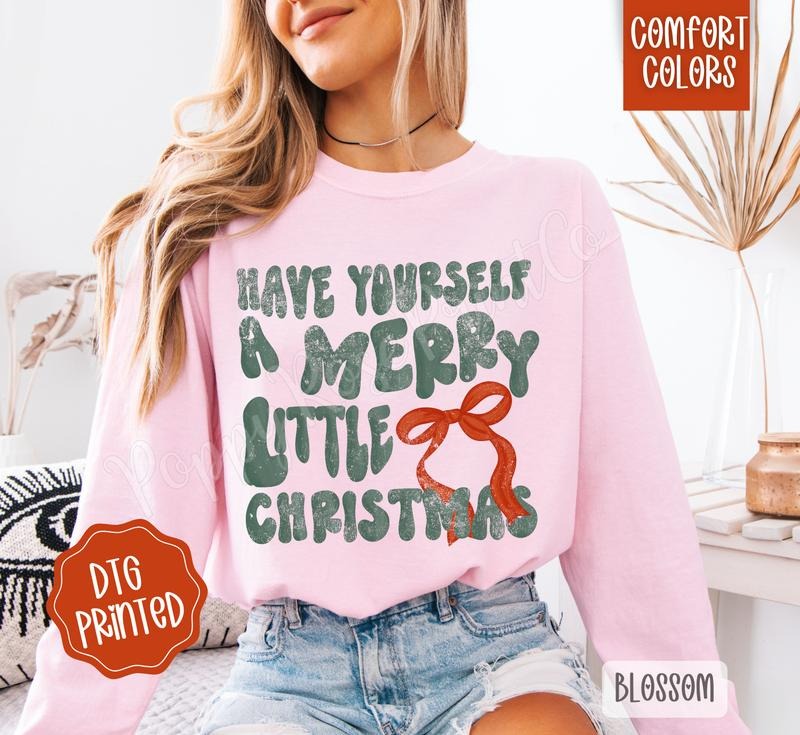 Merry Little Christmas Comfort Colors Long Sleeve T-Shirt, Cute Women's Holiday Tee Hoodie, Sweatshirt | PureTeeCo.com