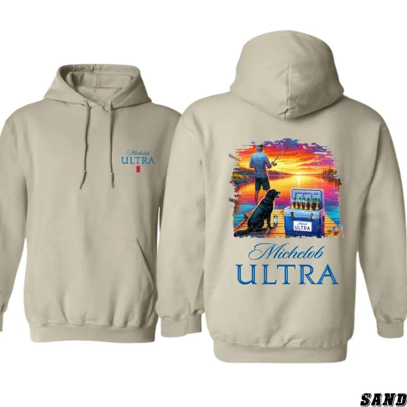 Michelob Ultra Hoodie - Vibrant Fishing Design with Cooler and Loyal Dog, Perfect for Beer Lovers and Outdoor...