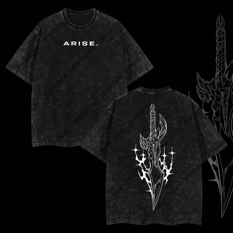 [ Mineral Wash ] "Arise" Sung Jin Woo Solo Leveling Anime Double Printed Oversize Lightweight Washed Graphic Tee, Gift...