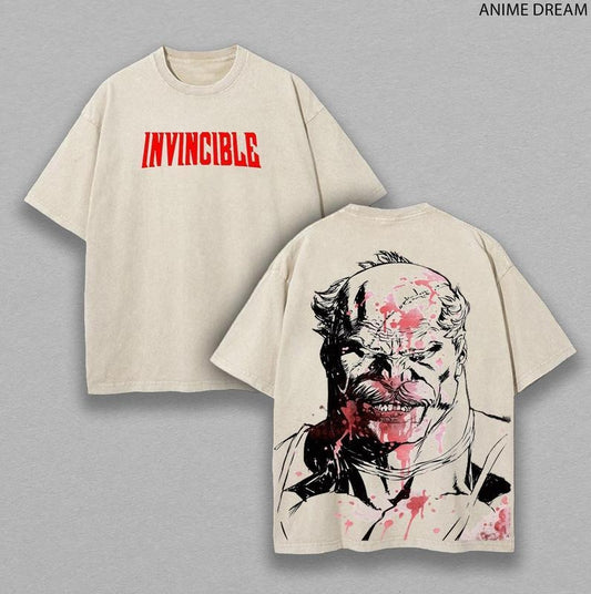 [ Mineral Wash ] Conquest Invincible Anime Double Printed Vintage Washed Tee Unisex Oversize Heavyweight Cotton TShirt For Anime Fans