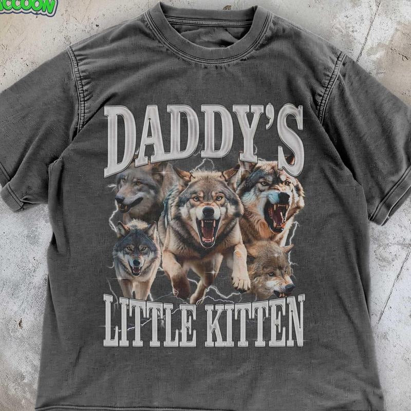 [ Mineral Wash ] Daddys Little Kitten TShirt , Funny Wolf Y2K Graphic Tee , Ironic Vintage 90S Shirt , Sarcastic Shirt ,...