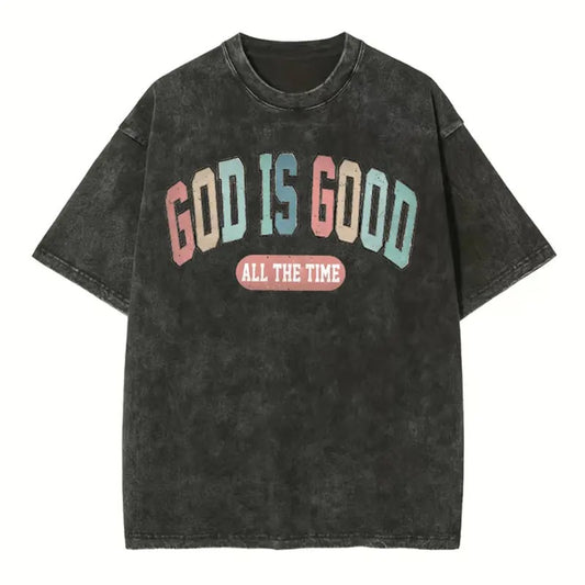 [ Mineral Wash ] God Is Good All The Time Christian Washed Shirt Jesus Graphic Washed Style Shirt