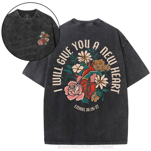 [ Mineral Wash ] I Will Give You A New Heart Christian Washed Shirt Jesus Graphic Washed Style Shirt