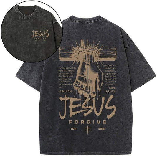 [ Mineral Wash ] Jesus Forgiven Christian Washed Shirt Jesus Graphic Washed Style Shirt