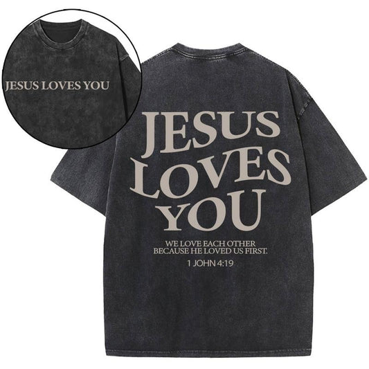 [ Mineral Wash ] Jesus Loves You Chirtsian Washed TShirt Jesus Graphic Washed Style Shirt
