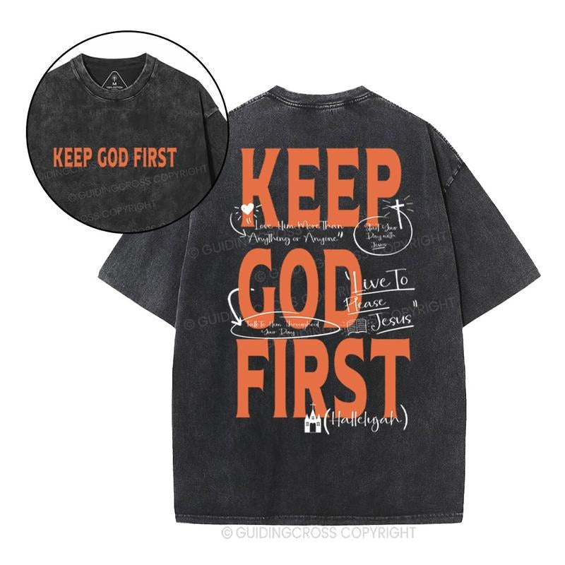 [ Mineral Wash ] Keep God First Christian Washed TShirt Jesus Graphic Washed Style Shirt