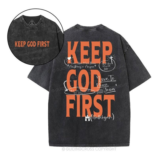 [ Mineral Wash ] Keep God First Christian Washed TShirt Jesus Graphic Washed Style Shirt