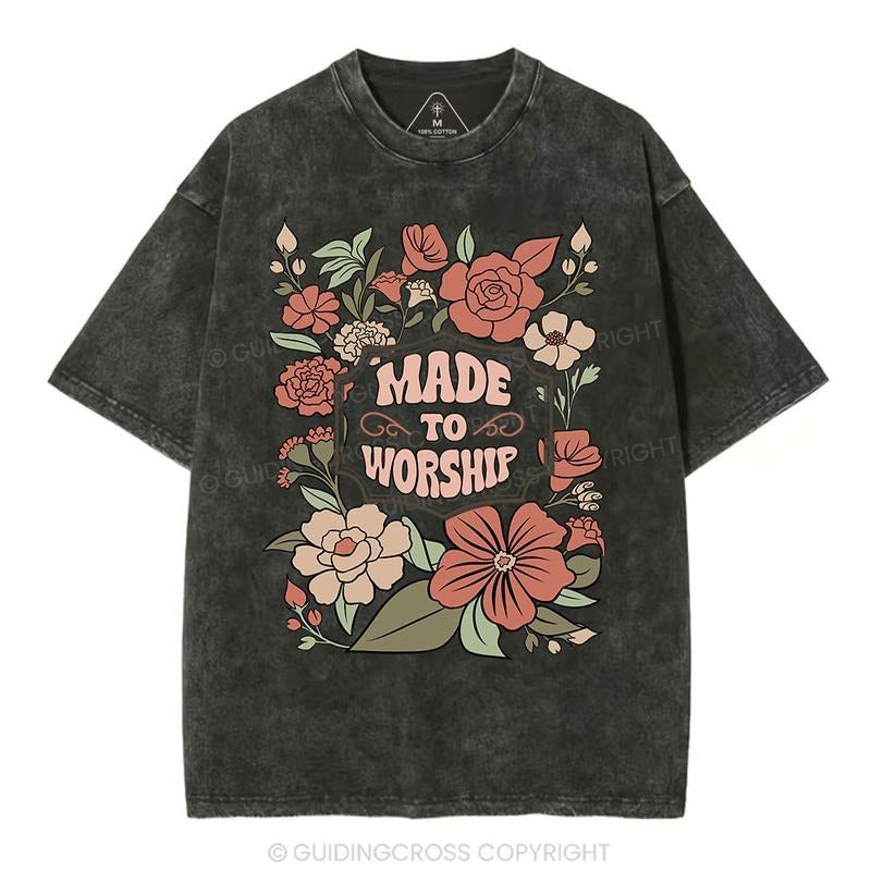 [ Mineral Wash ] Made To Worship Retro Floral Christian Washed TShirt Jesus Graphic Washed Style Shirt