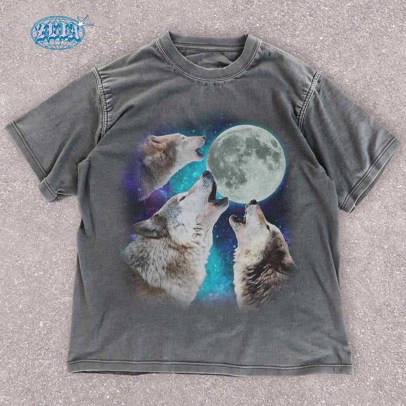 [ Mineral Wash ] Mystical Three Wolves Moon Washed, Cosmic Nature Wildlife Graphic Tee , Celestial Wolf TShirt , Howling...