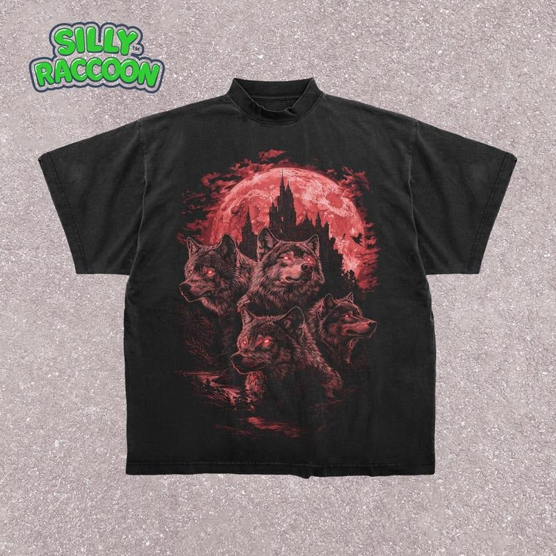 [ Mineral Wash ] Red Moon Wolf Pack Goth Graphic TShirt Dark Fantasy Wolves Washed, Fantasy Wolves Supernatural Goth Wolf Shirt Fantasy Halloween Shirt