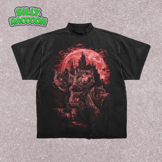 [ Mineral Wash ] Red Moon Wolf Pack Goth Graphic TShirt Dark Fantasy Wolves Washed, Fantasy Wolves Supernatural Goth Wolf Shirt Fantasy Halloween Shirt