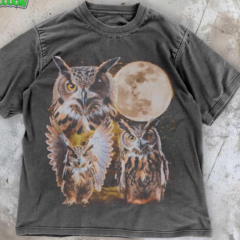 [ Mineral Wash ] Three Owls Retro TShirt , Celestial Wildlife Shirt , Graphic Moon Phase , Vintage Owl Lover Washed Gift...