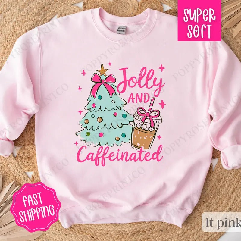 Mint Jolly and Caffeinated Sweatshirt, Preppy Christmas Crewneck,  Womens Holiday Sweater T-Shirts, Hoodie | PureTeeCo.com