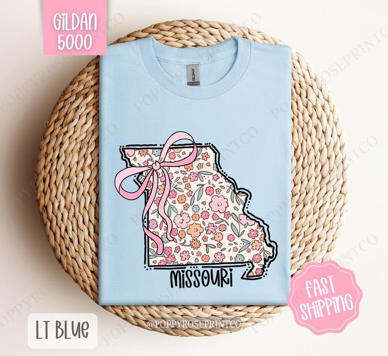 Missouri Gildan T-shirt, Cute Missouri State Shirt, Missouri Floral Bow Tee Hoodie, Sweatshirt | PureTeeCo.com