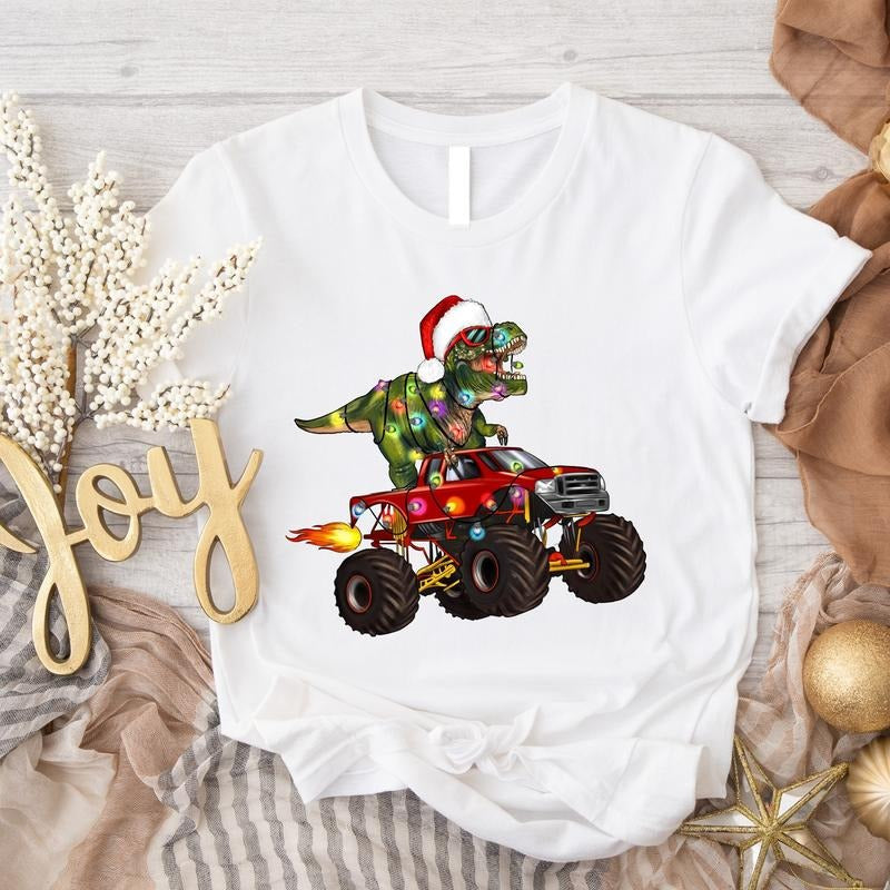 Monster Truck And T-Rex Dinosaur Shirt, Christmas Light T-shirt, Dinosaur Christmas Tee, Dinosaur Lover Winter Holiday...