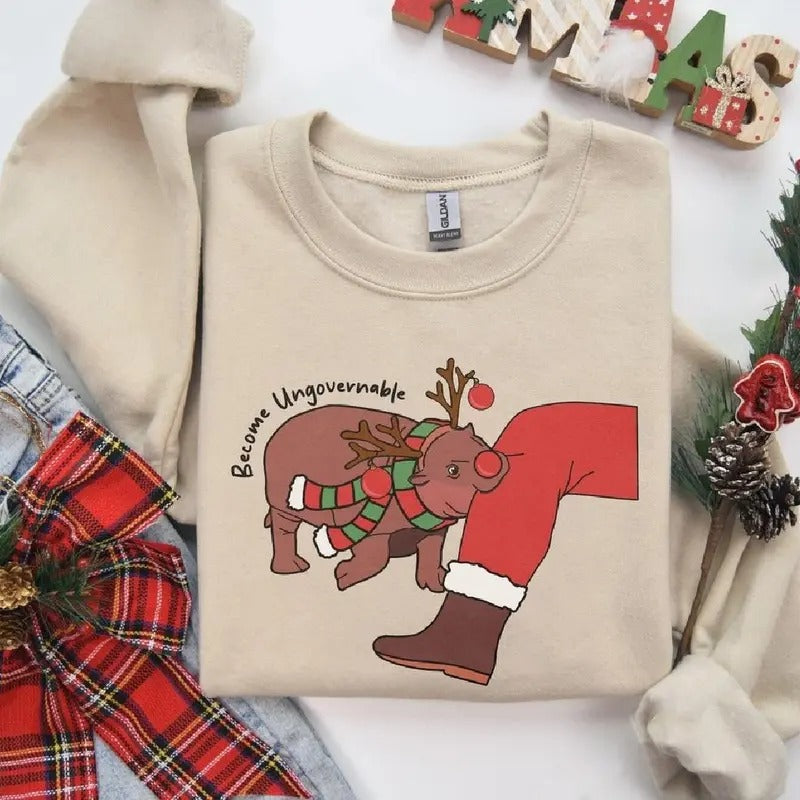 Moo Deng Shirt, Christmas Moo Deng Shirt,  Pygmy Hippo Moo Deng Christmas Shirt Hoodie, Sweatshirt | PureTeeCo.com