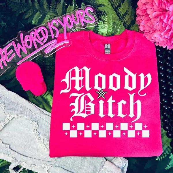 Moody Bi$ch Heliconia Pink Crewneck Sweatshirt, T Shirt, or Hoodie Pullover | Punk, Alt, Grunge, Goth, Skeleton Style,...