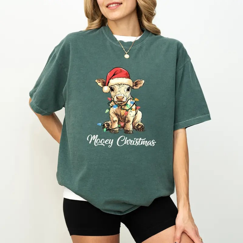 Mooey Christmas Comfort Colors Shirt, Christmas Cow Graphic Tee, Farm Holiday Unhinged Oversized T-shirt, Christmas Gifts...