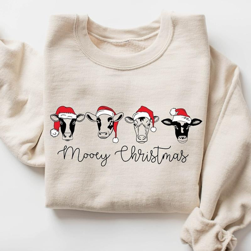 Mooey Christmas Crewneck Sweatshirt, Сute Christmas Cows Hoodie, T-shirt
