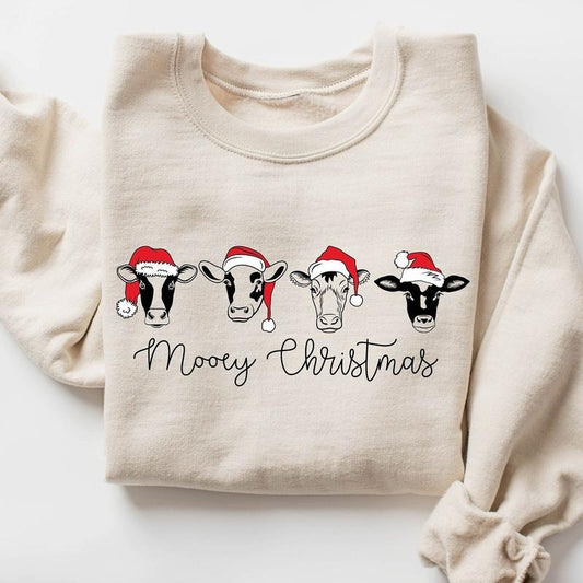 Mooey Christmas Crewneck Sweatshirt, Сute Christmas Cows Hoodie, T-shirt