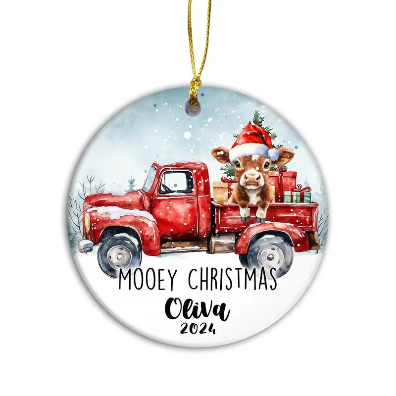 Mooey Christmas Ornament, Cow Farmhouse Animal Ornament, Personalized Name or Family Name, Farmhouse Family Holiday Decor...