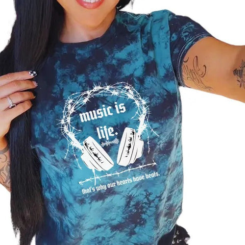 'Music Is Life' Black & Green Tie Dye T Shirt Pullover , Alt, Grunge, Streetwear, Sarcastic, Punk, Cotton, Casual,...