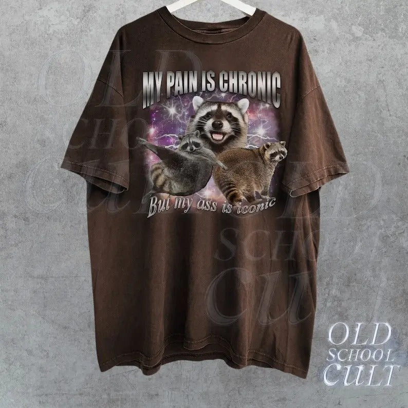 My Pain Is Chronic Raccon Vintage Bootleg T-Shirt, Funny 90s Retro Raccoon T Shirt, Weird T Shirt, Meme T Shirt, Trash...