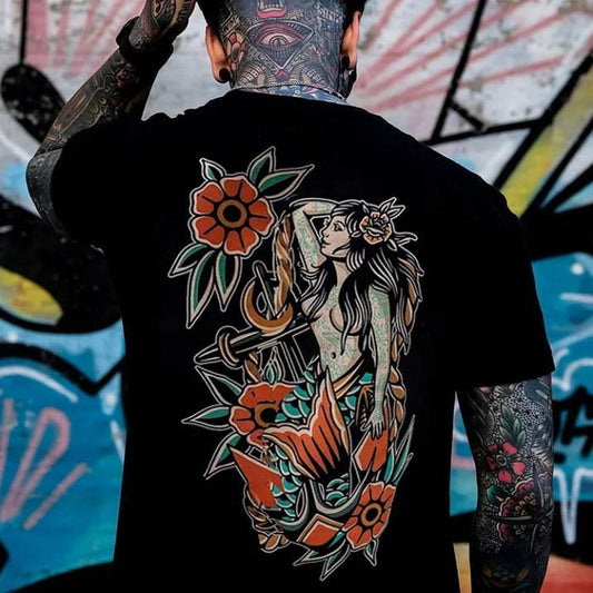 Mythology Goddess with Flowers Graphic Casual Black Print T-shirt