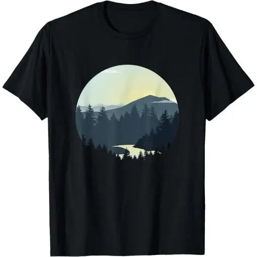 Navy Sunrise Mountain and Forest Scene Silhouette Graphic T-Shirt Made in USA Hoodie, Sweatshirt | PureTeeCo.com