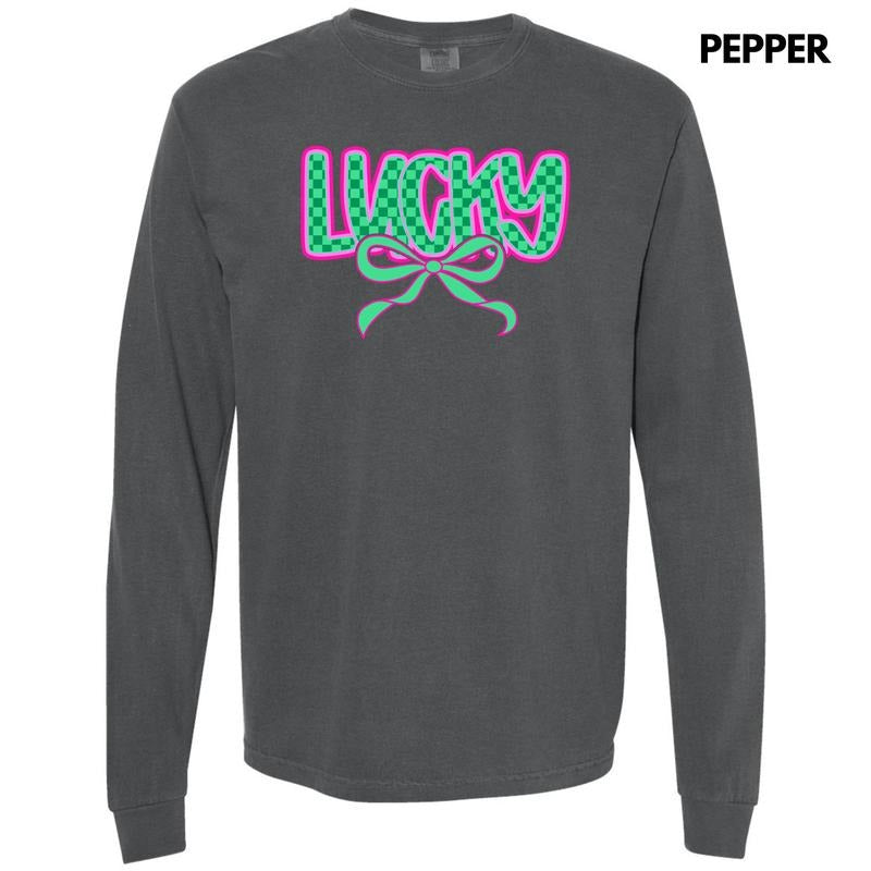 Neon Lucky Checkered Long Sleeve Comfort Colors T-Shirt 'NLB' Hoodie, Sweatshirt | PureTeeCo.com